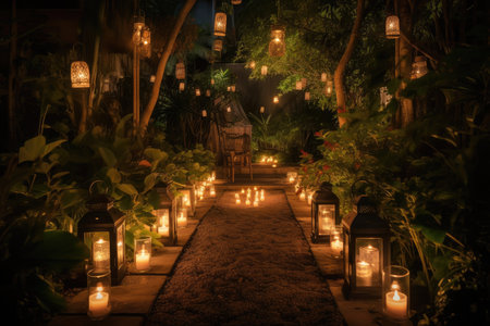 garden with lanterns, string lights, and candle lanterns for romantic nighttime setting, created with generative aiの素材