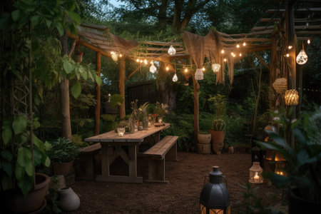 rustic garden with lanterns and string lights for a warm, atmosphere, created with generative aiの素材