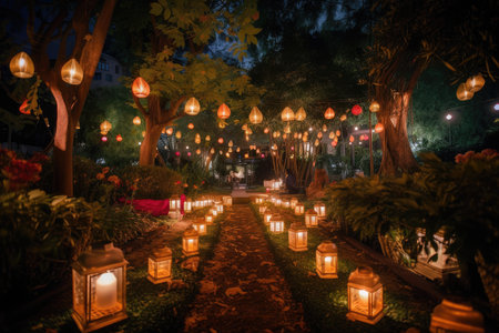 a garden filled with twinkling lanterns and string lights, creating a magical atmosphere, created with generative aiの素材
