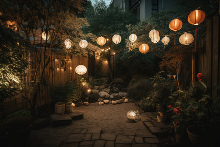 a garden filled with twinkling lanterns and string lights, creating a magical atmosphere, created with generative aiの素材