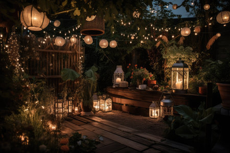 a garden filled with twinkling lanterns and string lights, creating a magical atmosphere, created with generative aiの素材