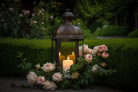 classic garden lantern with flickering candle, surrounded by rose bushes and other blooms, created with generative aiの素材