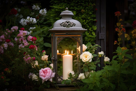 classic garden lantern with flickering candle, surrounded by rose bushes and other blooms, created with generative aiの素材