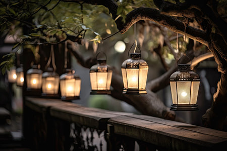 group of lanterns hanging from a tree, casting soft light on garden bench, created with generative aiの素材