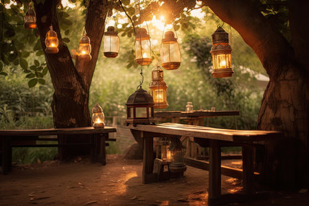 group of lanterns hanging from a tree, casting soft light on garden bench, created with generative aiの素材