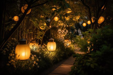 warm, yellow lighting against the backdrop of a garden with lanterns, created with generative aiの素材