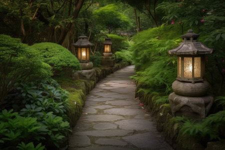 lanterns on a stone path, leading to a serene garden setting, created with generative aiの素材