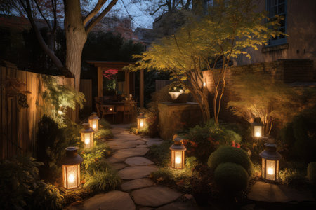 a warm and cozy garden with twinkling lanterns, surrounded by a stone wall, created with generative aiの素材