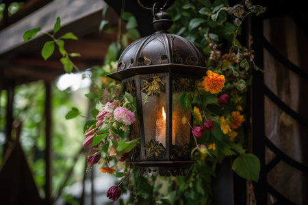 close-up of lantern, with flowers and foliage peeking out from underneath, created with generative aiの素材