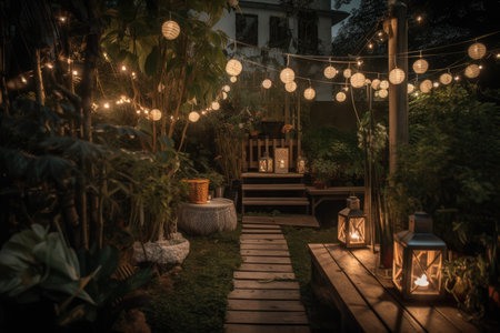 garden with lanterns and string lights, creating warm and inviting ambiance for guest, created with generative aiの素材