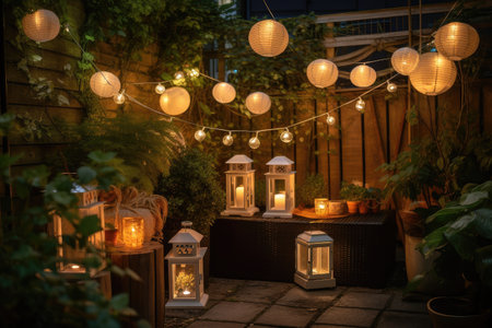 garden with lanterns and string lights, creating warm and inviting ambiance for guest, created with generative aiの素材