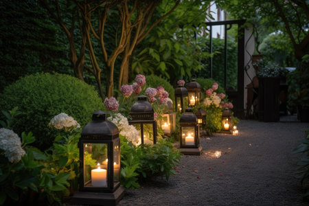 garden with lanterns, candles, and fresh blooms for warm and peaceful atmosphere, created with generative aiの素材