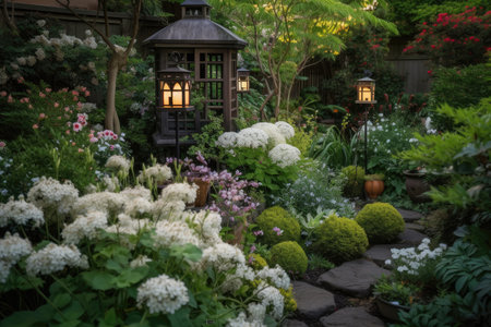 beautiful lantern-filled garden, surrounded by blooming flowers and foliage, created with generative aiの素材