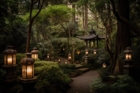 serene garden with lanterns and candles, surrounded by tall trees, created with generative aiの素材