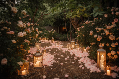romantic garden with lanterns, candles, and rose petals on the ground, created with generative aiの素材