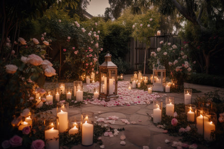 romantic garden with lanterns, candles, and rose petals on the ground, created with generative aiの素材