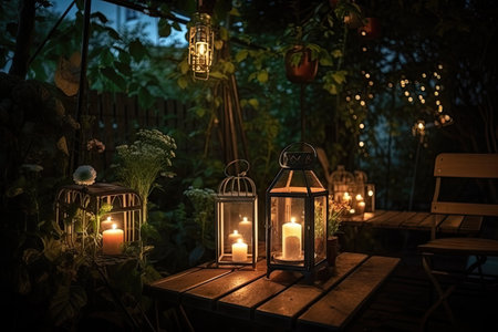 garden night with lanterns and fairy lights, romantic atmosphere, created with generative aiの素材