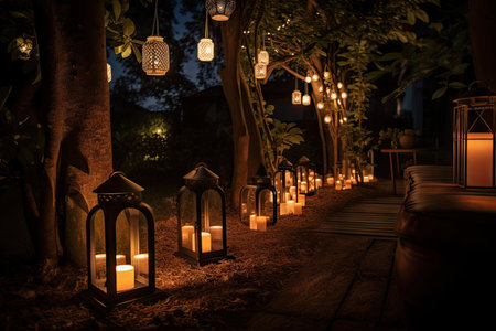 garden night with lanterns and fairy lights, romantic atmosphere, created with generative aiの素材