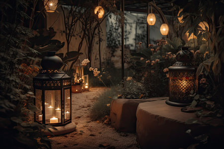 garden night with lanterns and fairy lights, romantic atmosphere, created with generative aiの素材