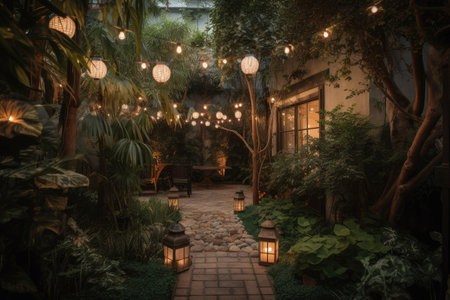 garden with lanterns and string lights among lush foliage, created with generative aiの素材