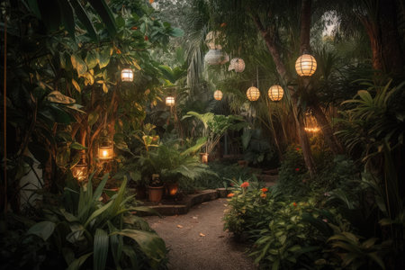 garden with lanterns and string lights among lush foliage, created with generative aiの素材
