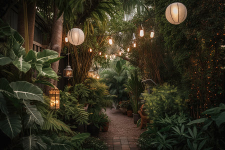 garden with lanterns and string lights among lush foliage, created with generative aiの素材