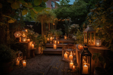 a garden with lanterns and candles, providing a warm and inviting atmosphere, created with generative aiの素材