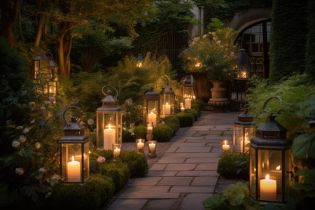 a garden with lanterns and candles, providing a warm and inviting atmosphere, created with generative aiの素材