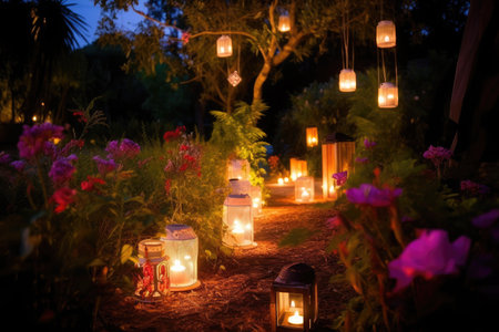 beautiful garden lit with lanterns, flowers and floating candles, created with generative aiの素材