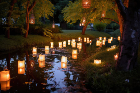 beautiful garden lit with lanterns, flowers and floating candles, created with generative aiの素材