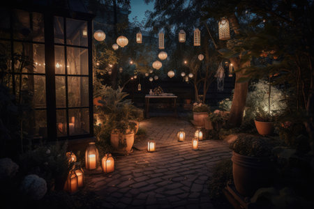 exciting nighttime garden with fairy lights, lanterns and lanterns, and candles, created with generative aiの素材