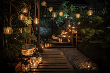 exciting nighttime garden with fairy lights, lanterns and lanterns, and candles, created with generative aiの素材