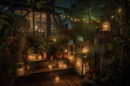 exciting nighttime garden with fairy lights, lanterns and lanterns, and candles, created with generative aiの素材