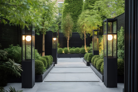 modern garden with sleek and minimalist lanterns and contemporary lighting, created with generative aiの素材