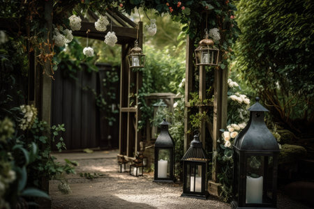 rustic lanterns hanging from garden archway with blooming greenery, created with generative aiの素材
