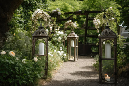 rustic lanterns hanging from garden archway with blooming greenery, created with generative aiの素材