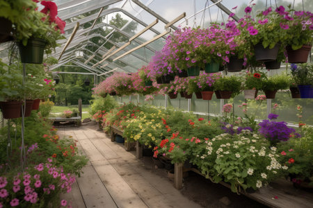greenhouse with hanging baskets of blooming flowers and herbs, created with generative aiの素材