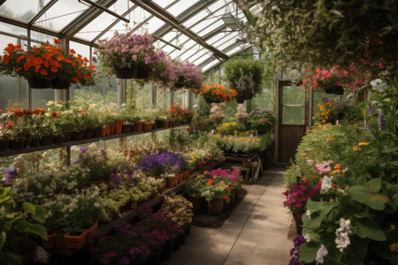 greenhouse with hanging baskets of blooming flowers and herbs, created with generative aiの素材