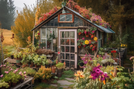 an old shed with a new greenhouse attached, bursting with colorful blooms, created with generative aiの素材