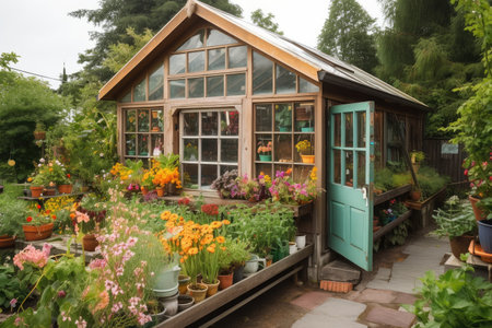 an old shed with a new greenhouse attached, bursting with colorful blooms, created with generative aiの素材