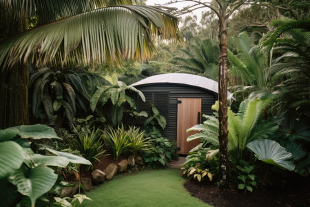 shed surrounded by lush and tropical greenery, with palm trees and bromeliads in view, created with generative aiの素材