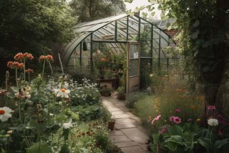 greenhouse surrounded by garden with blossoming flowers and herbs, created with generative aiの素材