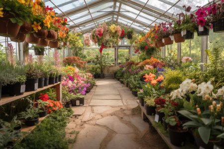 greenhouse filled with beautiful and colorful plants, created with generative aiの素材
