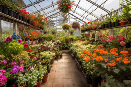 greenhouse filled with beautiful and colorful plants, created with generative aiの素材