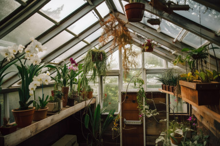 attic greenhouse with hanging plants and orchids, created with generative aiの素材
