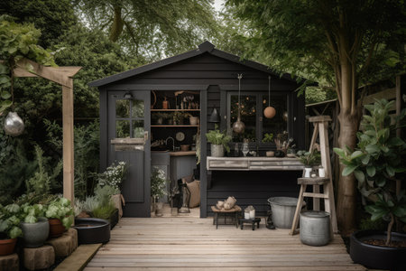 posh garden shed with designer accessories and stylish decor, created with generative aiの素材