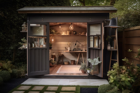posh garden shed with designer accessories and stylish decor, created with generative aiの素材