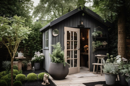 posh garden shed with designer accessories and stylish decor, created with generative aiの素材