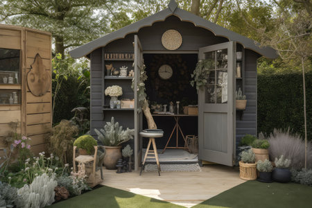posh garden shed with designer accessories and stylish decor, created with generative aiの素材