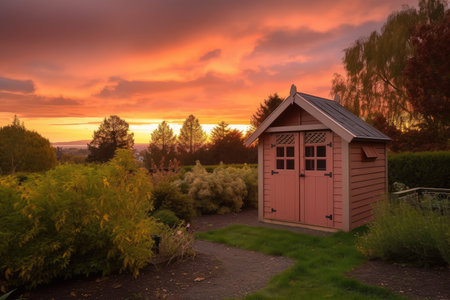 peaceful garden shed with view of the sunset and warm colors against the sky, created with generative aiの素材